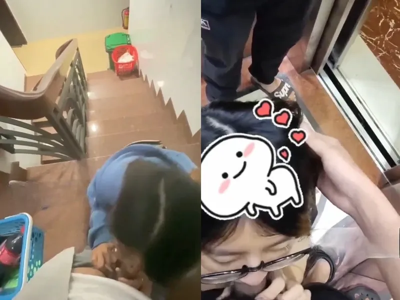 Em đang liếm thằng nhỏ thì thang máy có người vào, vừa hồi hộp vừa nứng